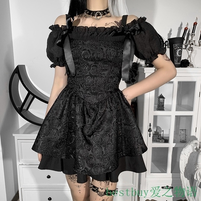 Dress Black Sexy暗黑风欧美新款高腰背带连衣裙露肩吊带泡泡袖蛋