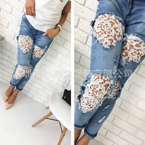jeans denim distressed patchwork ripped pants水洗牛仔裤女