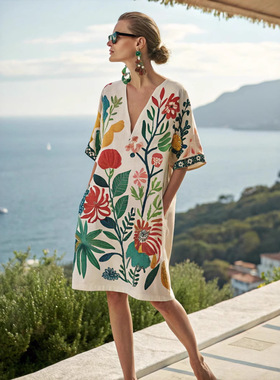 Loose Fit Printed V-Neck Women Casual Vacation Dress连衣裙女