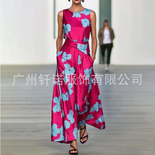 summer dress欧美女装圆领印花腰带大摆长款连衣裙women