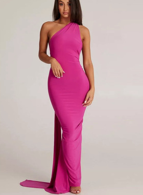 One Shoulder Backless Maxi Dress Women Elegant优雅女裙斜肩新