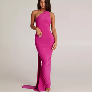 One Shoulder Backless Maxi Dress Women Elegant优雅女裙斜肩新