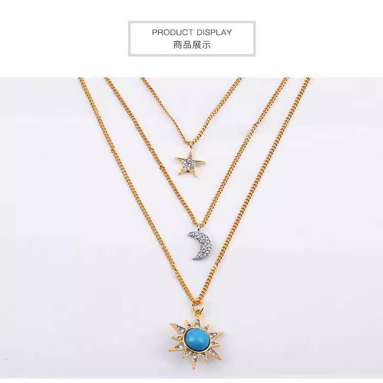 欧美风格多层轻奢锆石八芒星星星月亮太阳项链新款简约女士毛衣链