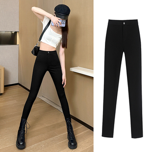 黑色打底裤女秋冬加绒外穿2025新款高腰紧身铅笔小脚小黑裤配靴子