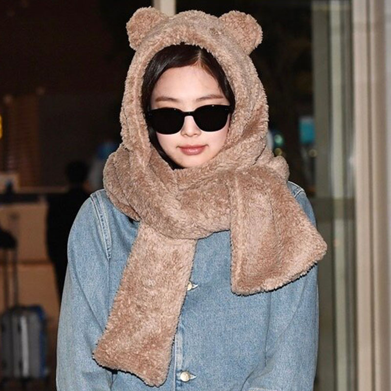 金智妮jennie同款羊羔绒小熊围巾帽子一体帽冬季保暖冷帽可爱围脖