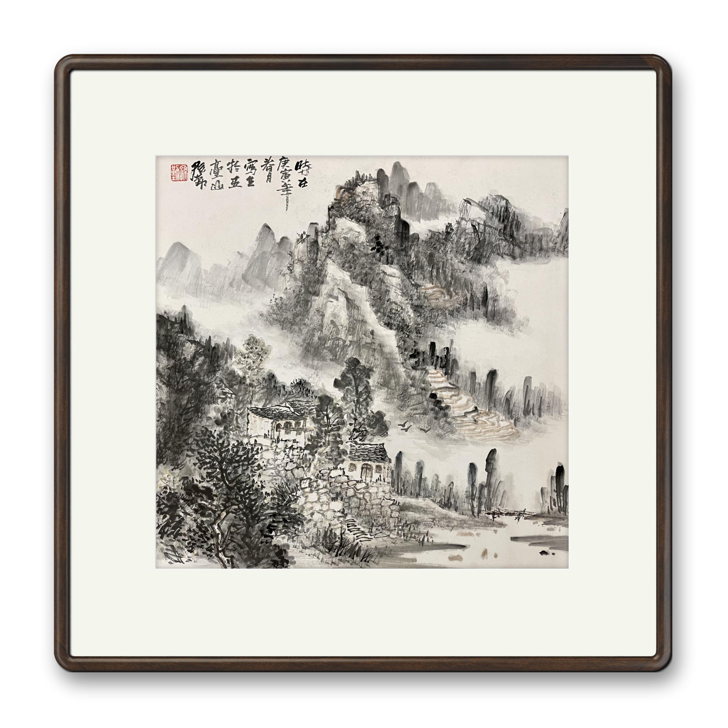 新中式手绘国画山水卧室餐厅客厅风水招财斗方装饰画挂画春月写生