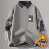 领加厚针织衫 一体绒毛衣男秋冬季 潮牌青年拼色假两件休闲保暖衬衫