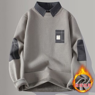 一体绒毛衣男秋冬季潮牌青年拼色假两件休闲保暖衬衫领加厚针织衫