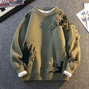 高级感破洞毛衣男秋冬季慵懒风潮牌宽松痞帅青少年加厚针织打底衫