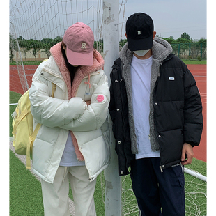 韩版设计感连帽拼接假两件羊羔毛棉服女冬季新款ins学生羽绒外套
