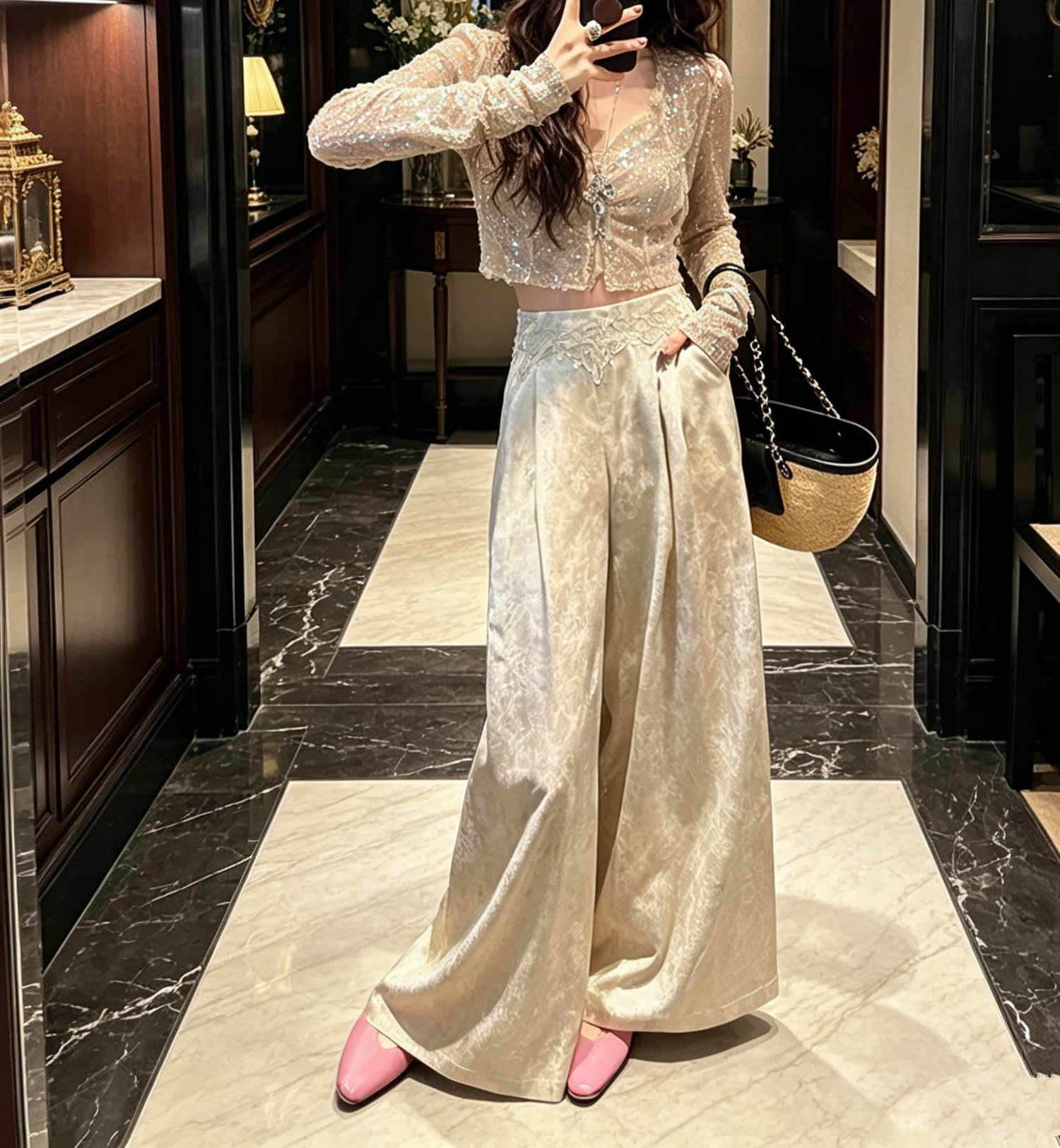 三吉黑花【嘉乐】新中式100醋酸阔腿裤子女款夏季印花休闲长裤潮