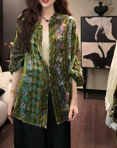 三吉黑花【花窗影】新中式国丝绒烂花衬衫女外套风女装2025新款潮