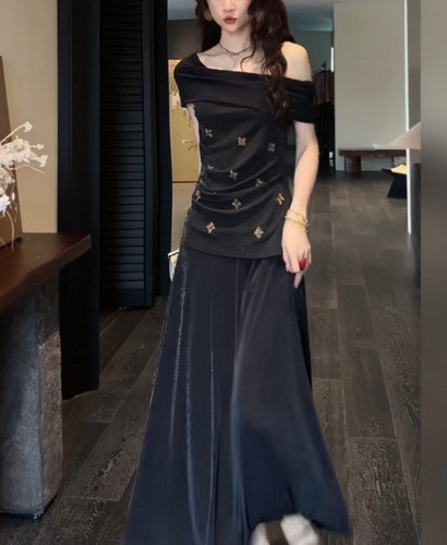 三吉黑花【鸟不知】新中式珠绣银丝针织露肩连衣裙子女夏日长裙潮