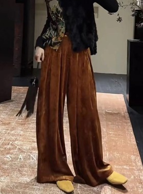 三吉黑花【松晚】新中式醋酸丝绒阔腿裤子宽松慵懒风早秋季长裤潮