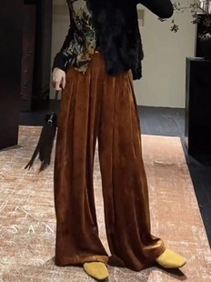 松晚 长裤 新中式 子宽松慵懒风早秋季 潮 醋酸丝绒阔腿裤 三吉黑花