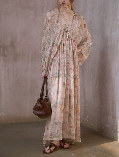 P.tree 顺纡法式慵懒感连衣裙法式碎花收腰V领显瘦长袖连衣裙长裙