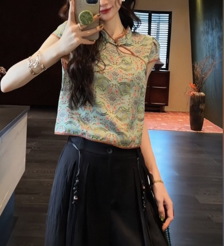 三吉黑花【安妤】新中式人丝织锦提花旗袍短袖上衣T恤女夏季绝美