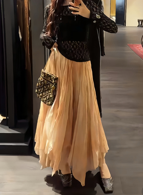 三吉黑花【今禾】新中式金刚纱人丝不规则半身裙女2025新A字长裙