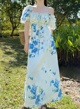 P.tree 100%天然亚麻手工连衣裙女Hydrangea悉尼蓝花楹法式裙子