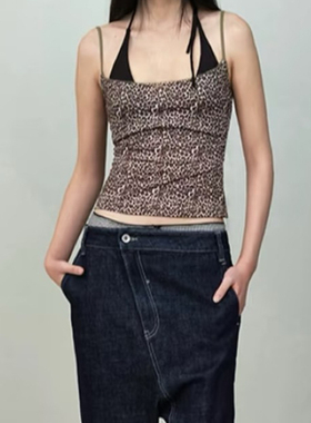 RARELY 撞色花边弹力修身吊带背心 黑色/白色/豹纹