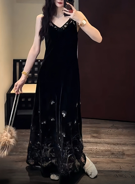三吉黑花【花本汐】国风新中式蕾丝绒巨好看早秋连衣裙子背心长裙