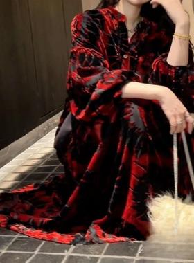 三吉【花想容】国风新中式人丝烧花连衣裙女装2025新款长裙潮黑花