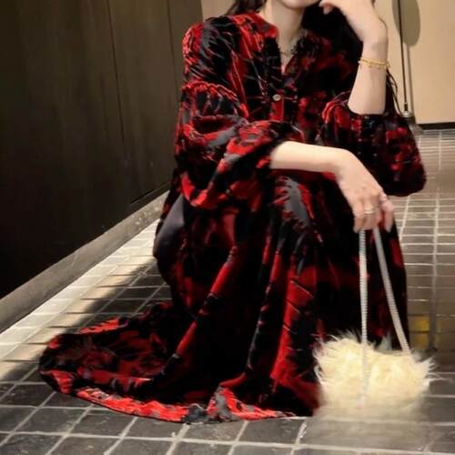 三吉【花想容】国风新中式人丝烧花连衣裙女装2025新款长裙潮黑花