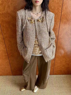 ICE 小香风手工钉珠外套女25FW冬季新款设计感小众绵羊毛夹克