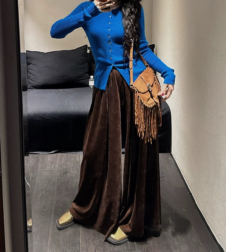 三吉【南枝】烫金丝绒阔腿裤子女秋冬季流行2024新款垂坠感潮