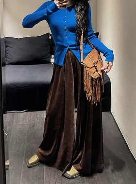 三吉【南枝】烫金丝绒阔腿裤子女秋冬季流行2024新款垂坠感潮