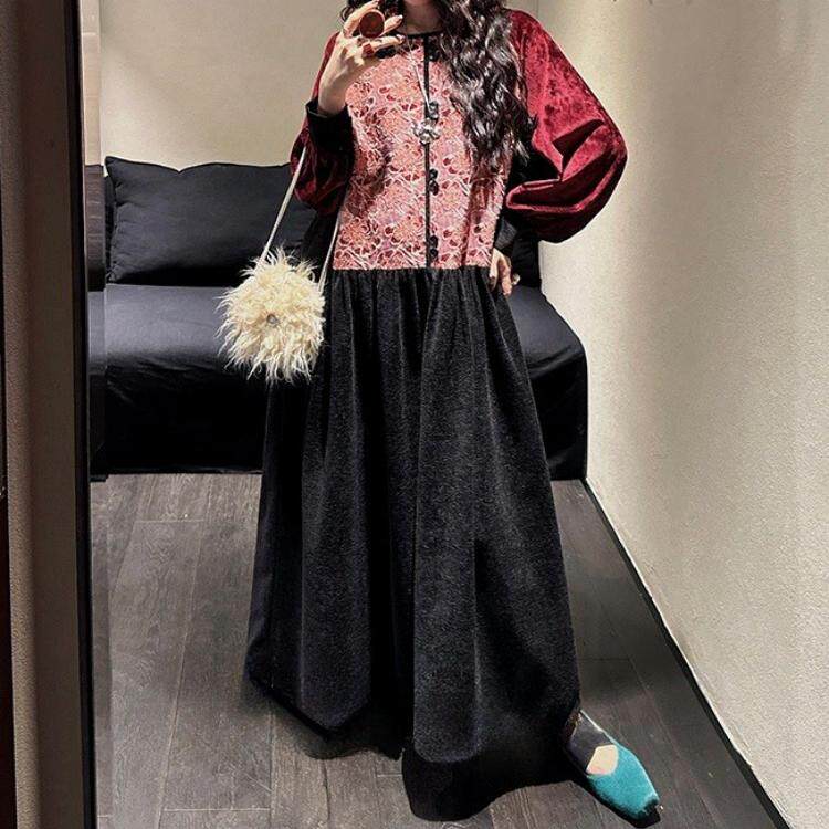 三吉 【松鹤】国风新中式拼接连衣裙子女秋冬季过年战袍长裙潮