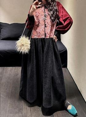 三吉 【松鹤】国风新中式拼接连衣裙子女秋冬季过年战袍长裙潮