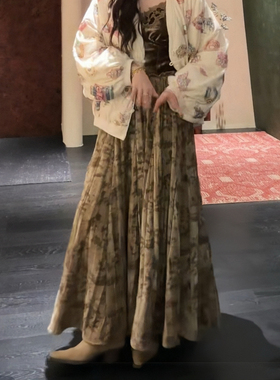 三吉黑花「11/10晚8点新品95【暮染】民族风印花压绉雪尼尔半裙