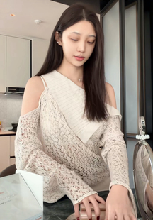 26春 Cello 镂空网格斜肩套头毛衣蓝色棉麻针织衫 新款