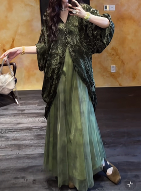 三吉黑花【花未眠】国风练染烧花秋季流行连衣裙子新中式宴会长裙