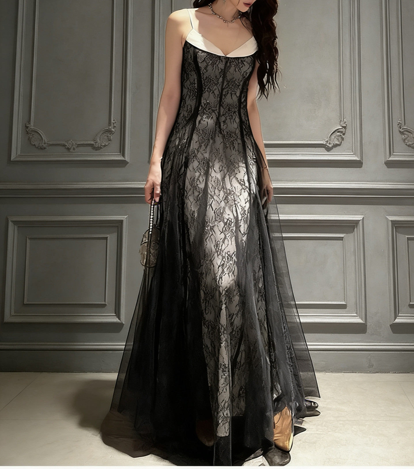 三吉黑花【花枝影】新中式亮片蕾丝早春漂亮连衣裙子绝美吊带长裙