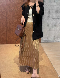 法式 新款 通勤显瘦垂感A字裙子长短 光泽压褶半身裙女26SS夏季 ICE