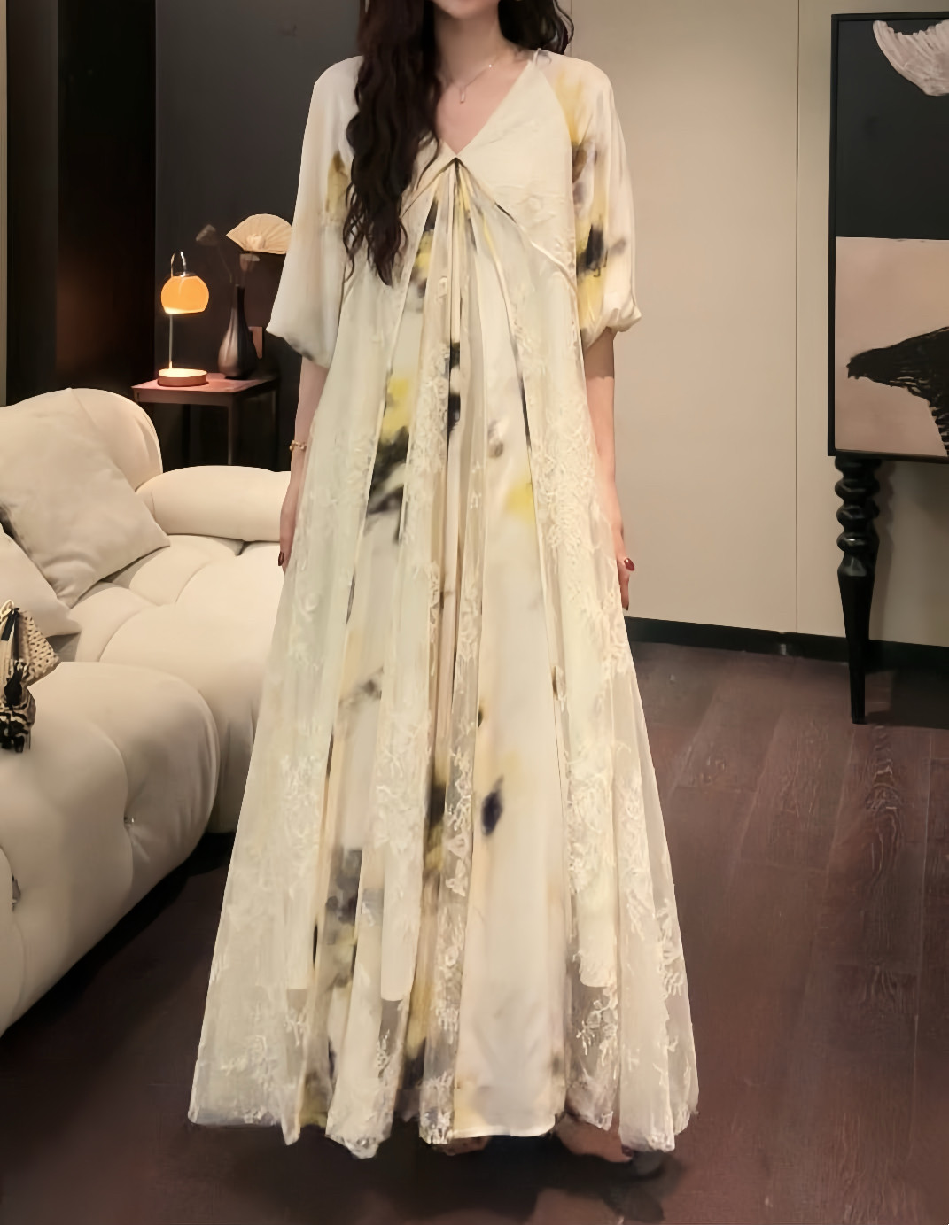 三吉黑花【凤栖梧】国风人丝蕾丝连衣裙子2025初夏穿搭新中式长裙