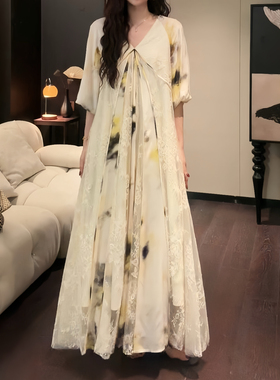 三吉黑花【凤栖梧】国风人丝蕾丝连衣裙子2025初夏穿搭新中式长裙