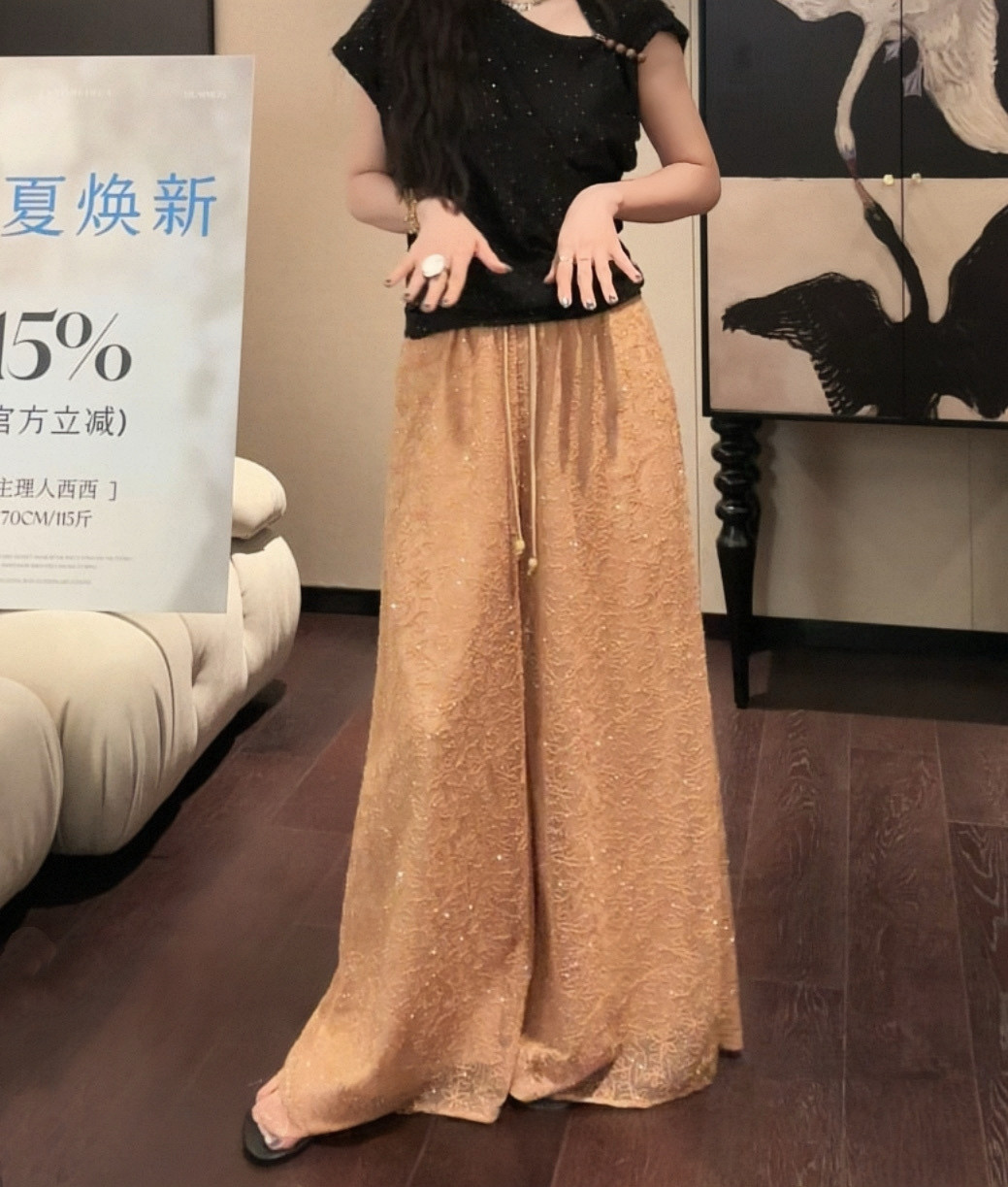 三吉黑花【昭昭】新中式钉珠绳绣阔腿裤子女款夏季薄款2026新款潮