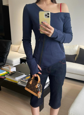 RARELY 斜襟露肩修身卫衣 藏蓝色/石灰白