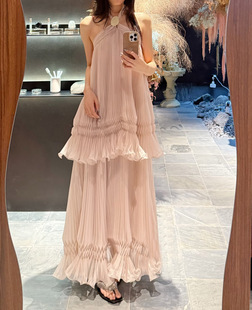 【新款】Cello 26春 法式露背薄纱定位压褶挂脖绑带连衣裙