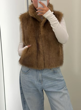 RA everyday 短款环保皮草马甲 卡其