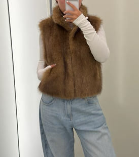 RA everyday 短款环保皮草马甲 卡其