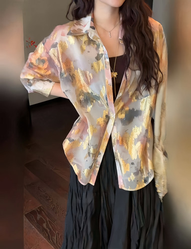 三吉黑花【金丝缕】新中式金丝剪花衬衫女款2025新款上衣国风外套