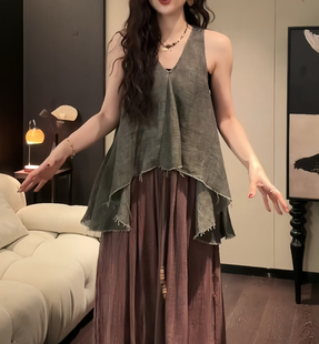 三吉黑花 新中式 背心女夏外穿絞綜亞麻不規(guī)則毛邊2025新款 青衫
