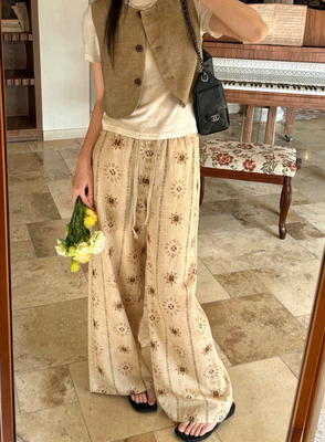 ICE 墙纸斑驳印花休闲裤女26SS春夏新款复古度假休闲直筒裤子