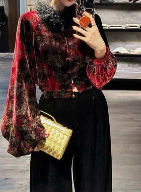 三吉 【繁星】丝绒新中式上衣衬衫女秋冬内搭国风打底衫长袖潮