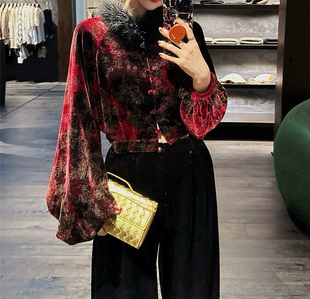 三吉 【繁星】丝绒新中式上衣衬衫女秋冬内搭国风打底衫长袖潮