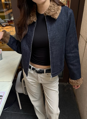 alright高品质丹宁拼接棉混纺黄色格纹短款H版型牛仔拼毛翻领外套